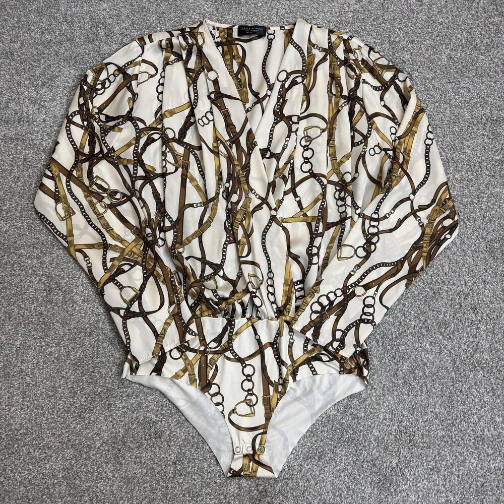 Zara Bodysuit Womens Large White Belt Print Satin Surplice Snap Crotch Western